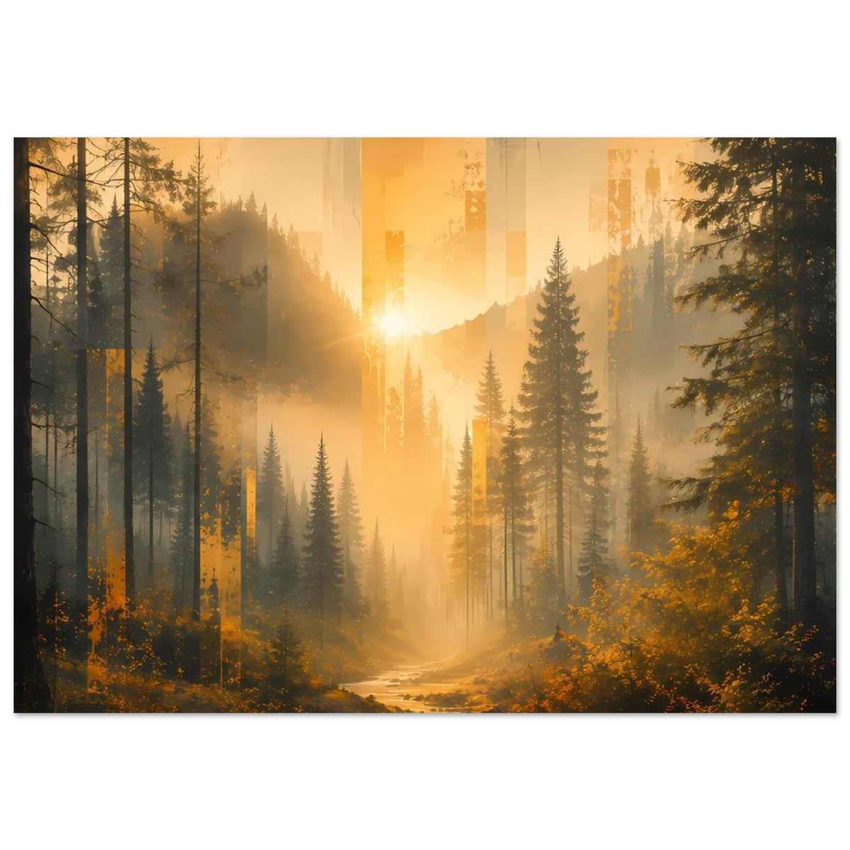 Naturposter: panoramischer Wald mit Bachlauf und goldenem Sonnenaufgang, Querformat