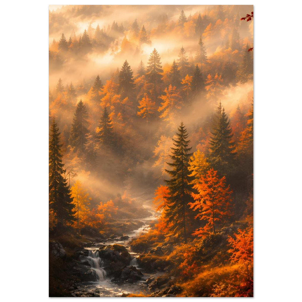 Herbst-Waldlandschaftsposter: Nebelwald, orange Tannen und kleiner Wasserlauf im Vordergrund