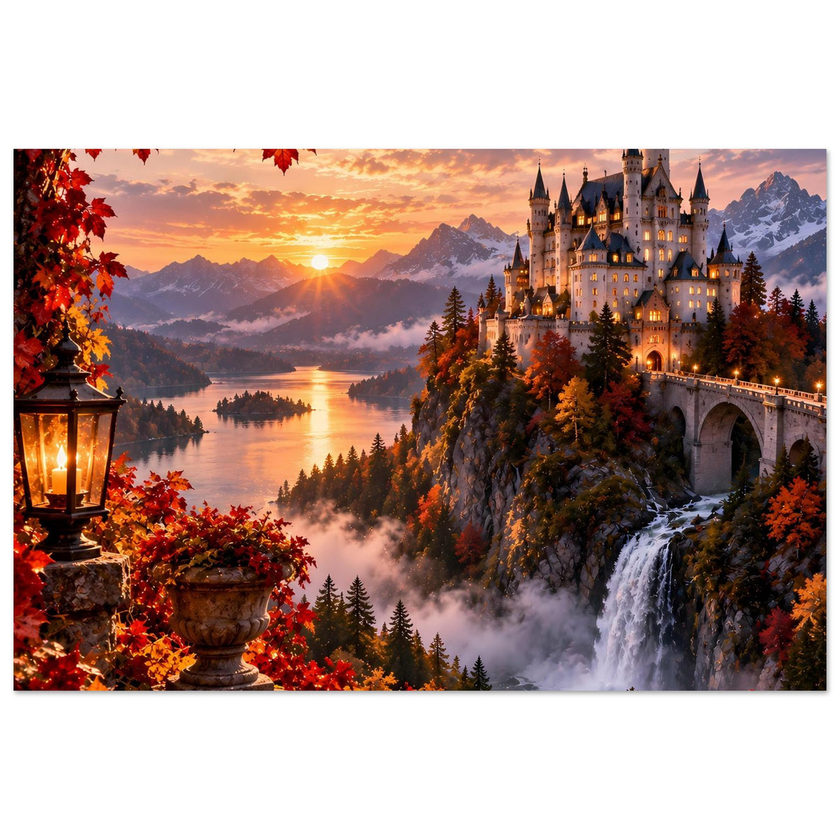 Herbstliches Schloss-Poster mit Sonnenaufgang, Seeufer, Nebelwald und Wasserfall