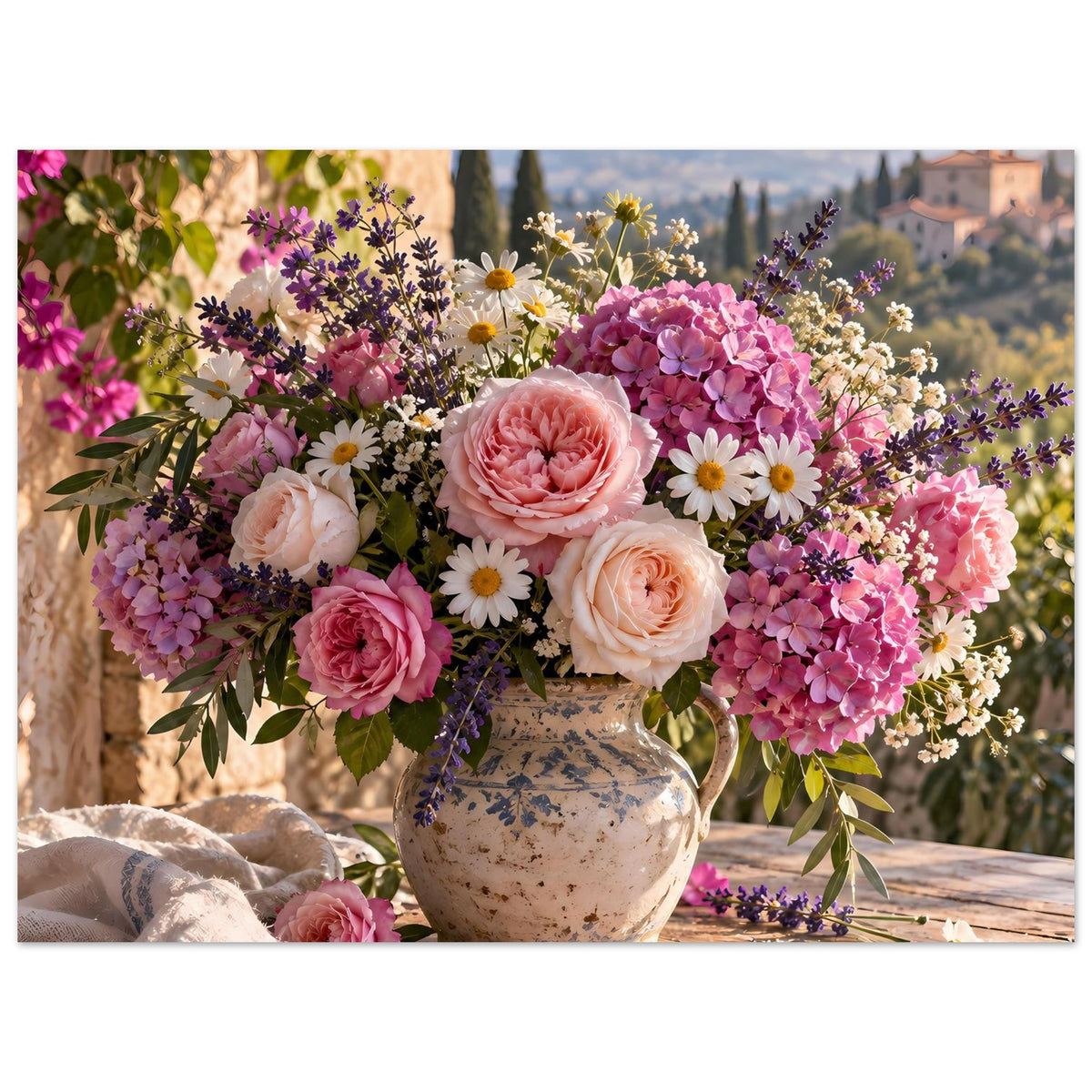 Blumenposter im Querformat: viele pinke und lila Blüten mit kleinen weißen Akzenten
