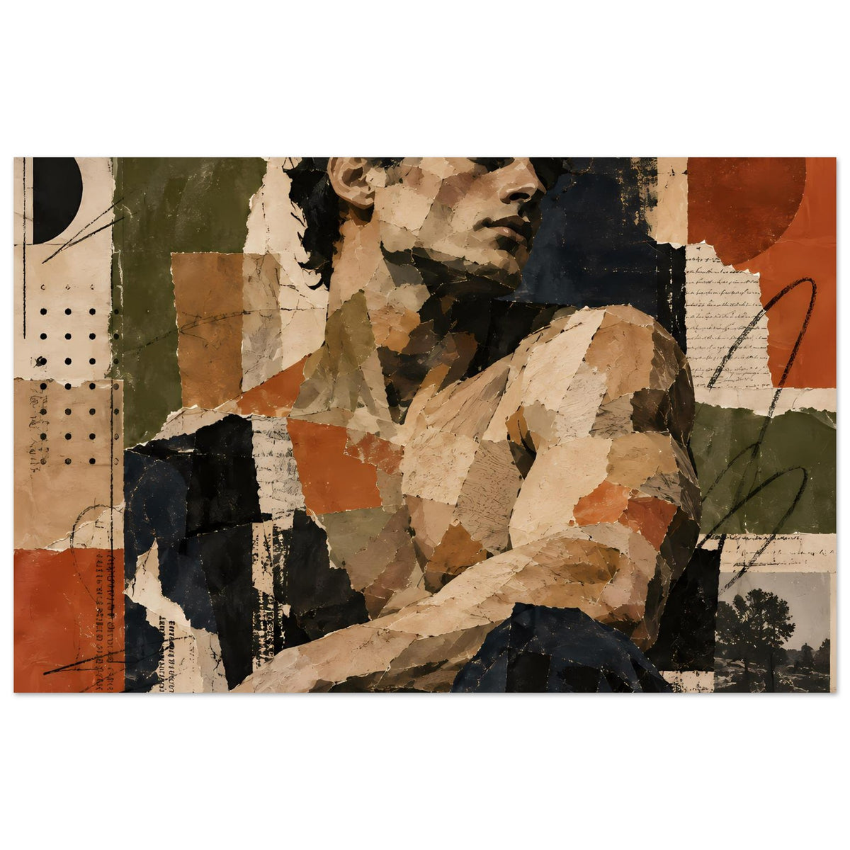 Collage-Kunstposter im Querformat mit Porträt aus Erdtönen und abstrakten Formen