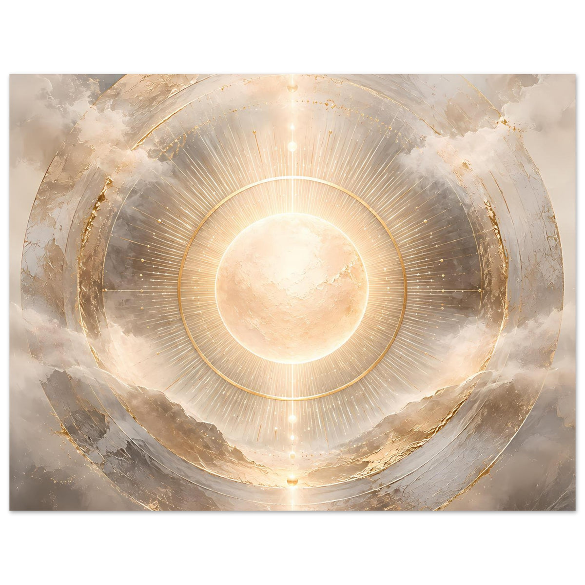 Kosmos-Poster im Querformat: leuchtende Sonne, goldene Ringe und Lichtspeichen
