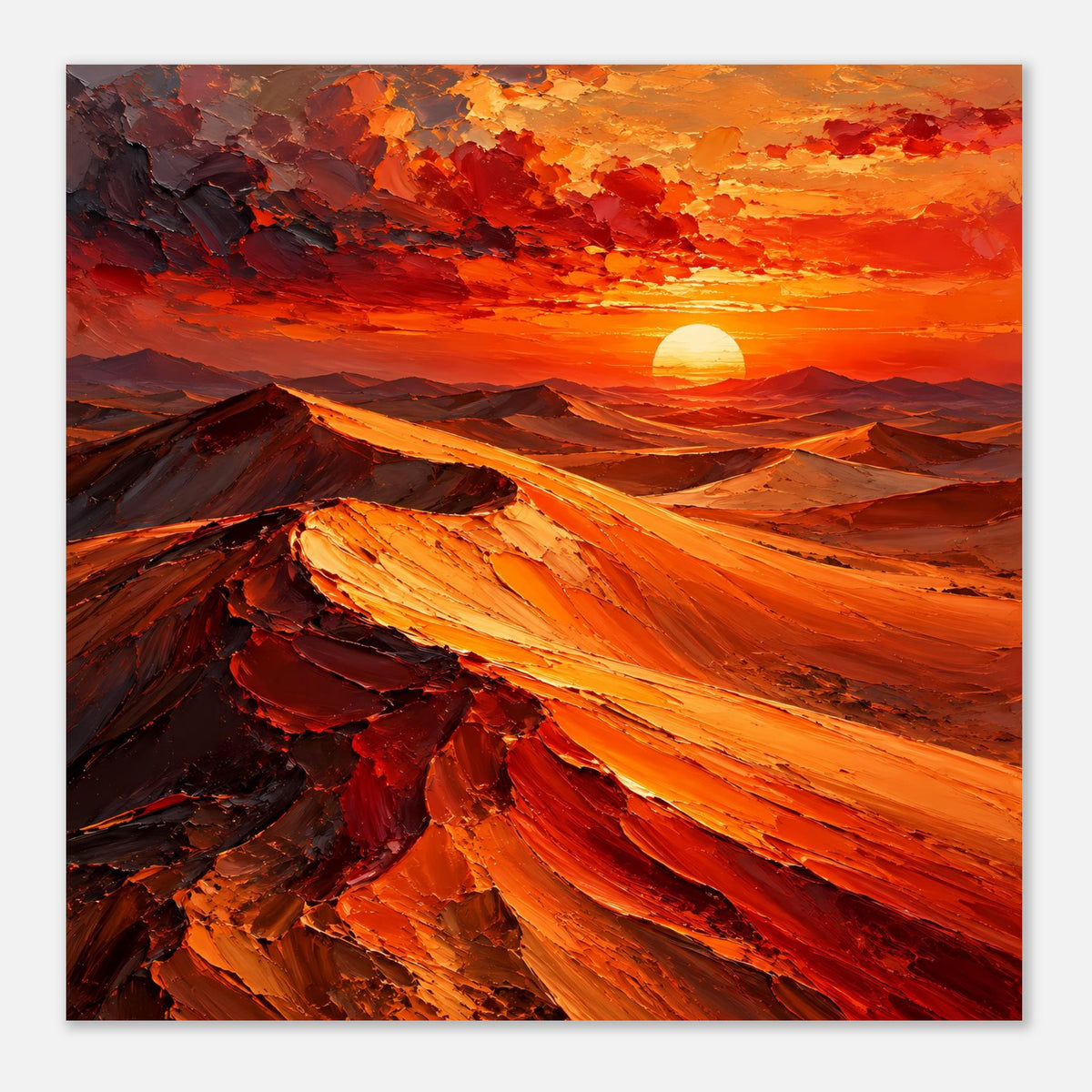 Poster mit Wüstenlandschaft im Nahbereich: orange Sonne, Dünen und Berge in Rot und Orange