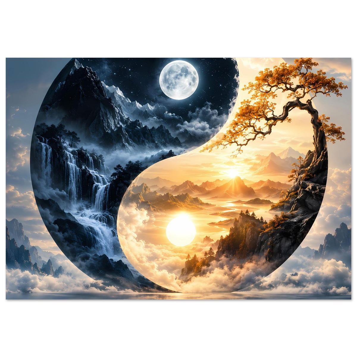 Yin-Yang-Landschaftsposter mit zwei Landschaften in einer Form, Mondnacht links, Sonne rechts
