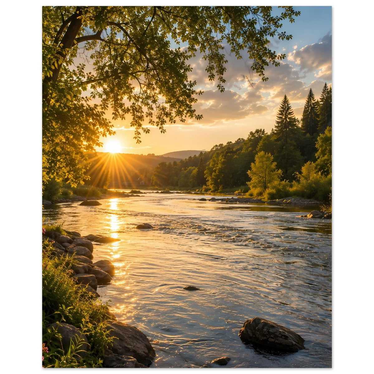 Naturposter: Flusslandschaft im Sonnenuntergang, goldene Lichtreflexe, Bäume und Felsen