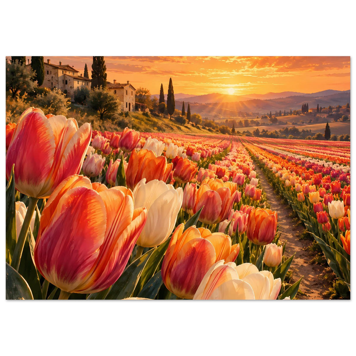 Poster mit Tulpenfeld im Sonnenuntergang, lange Tulpenreihen mit roten und weißen Blüten