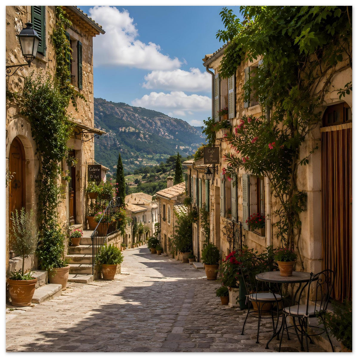 Poster einer sonnigen mediterranen Steingasse mit Bergblick