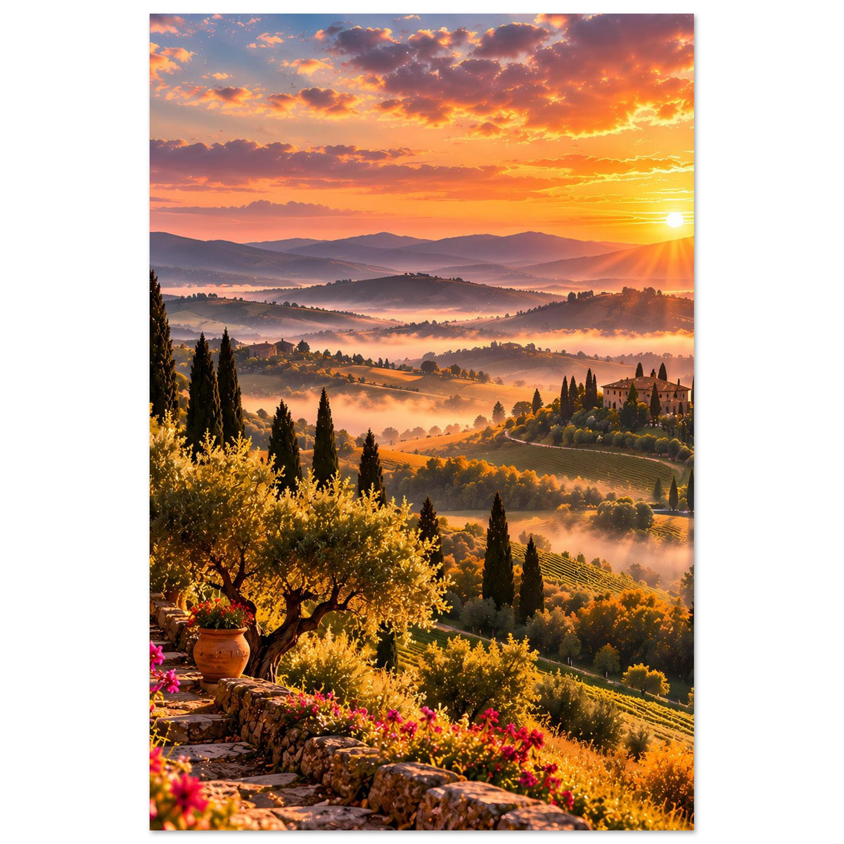 Hochformat-Wandposter: toskanische Landschaft mit Sonnenuntergang, Olivenbaum links, Dorf rechts