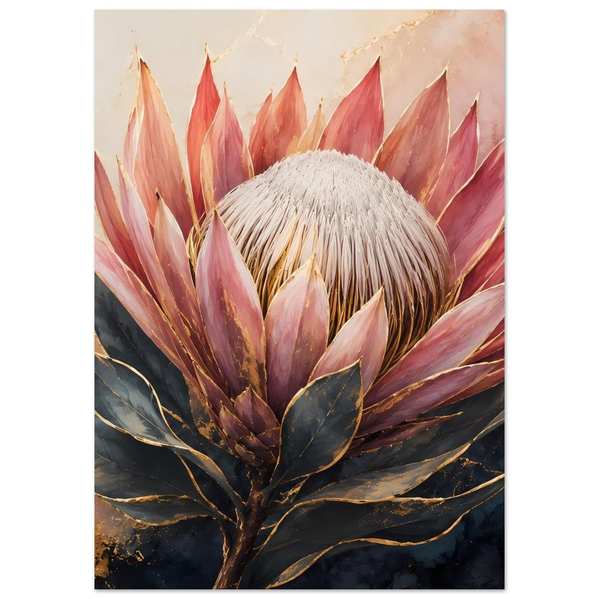 Botanisches Poster mit Königsprotea-Motiv: großer Blütenkopf, scharfkantige Blätter in Rosa- und Goldtönen