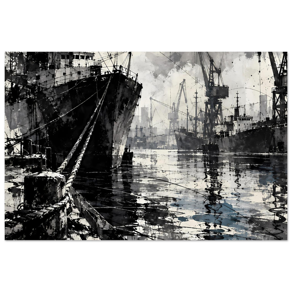 Hafenposter im Querformat mit großem Frachtschiff, Kränen und Wasserreflexen, schwarz-weiß