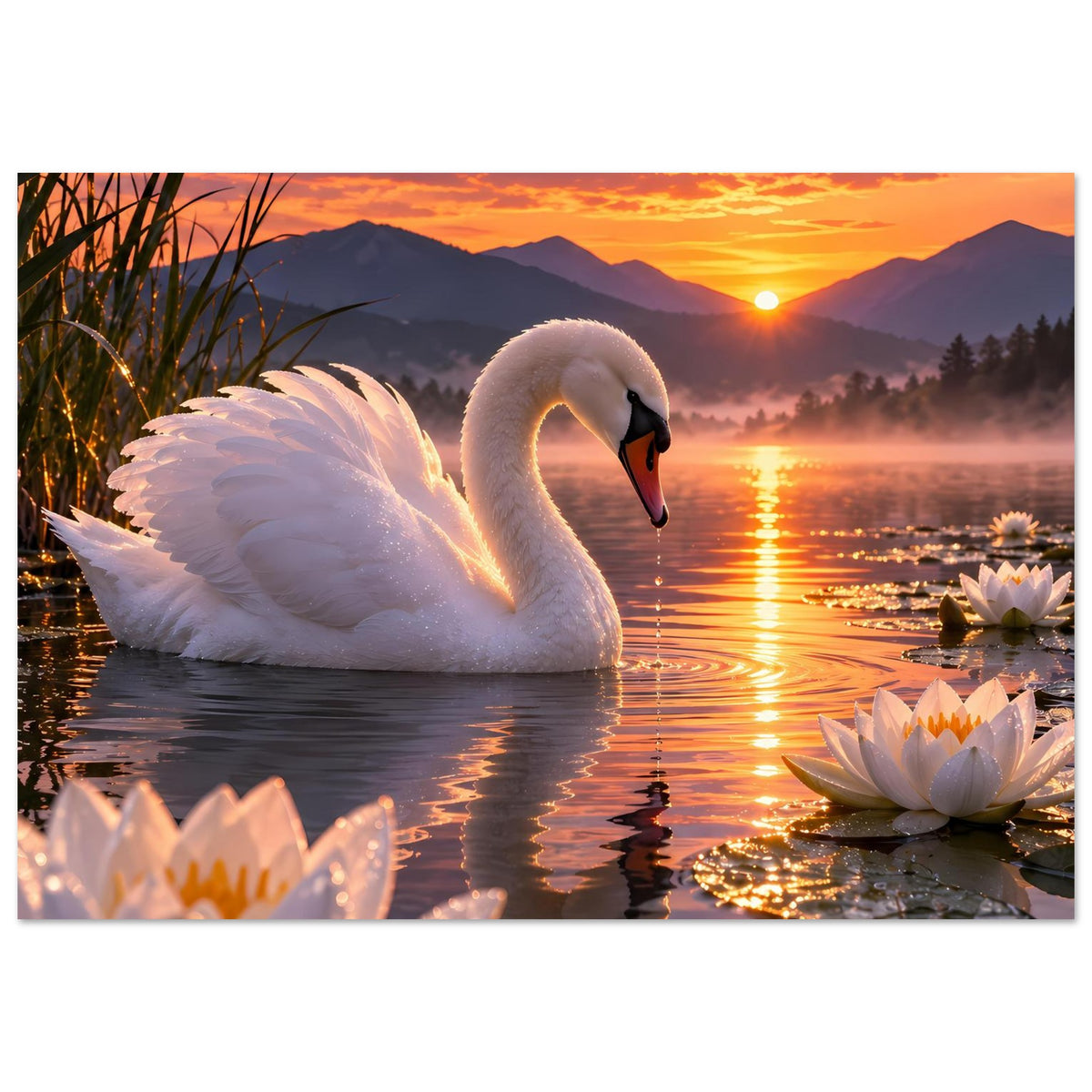 Poster mit weißem Schwan im Wasser, umgeben von Seerosen am Ufer