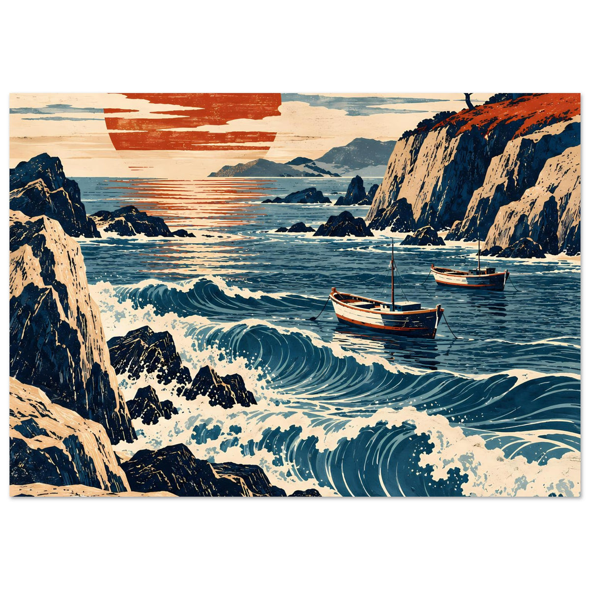 Horizontales Poster mit Meerwellen, Segelbooten und Felsklippen bei Sonnenuntergang.
