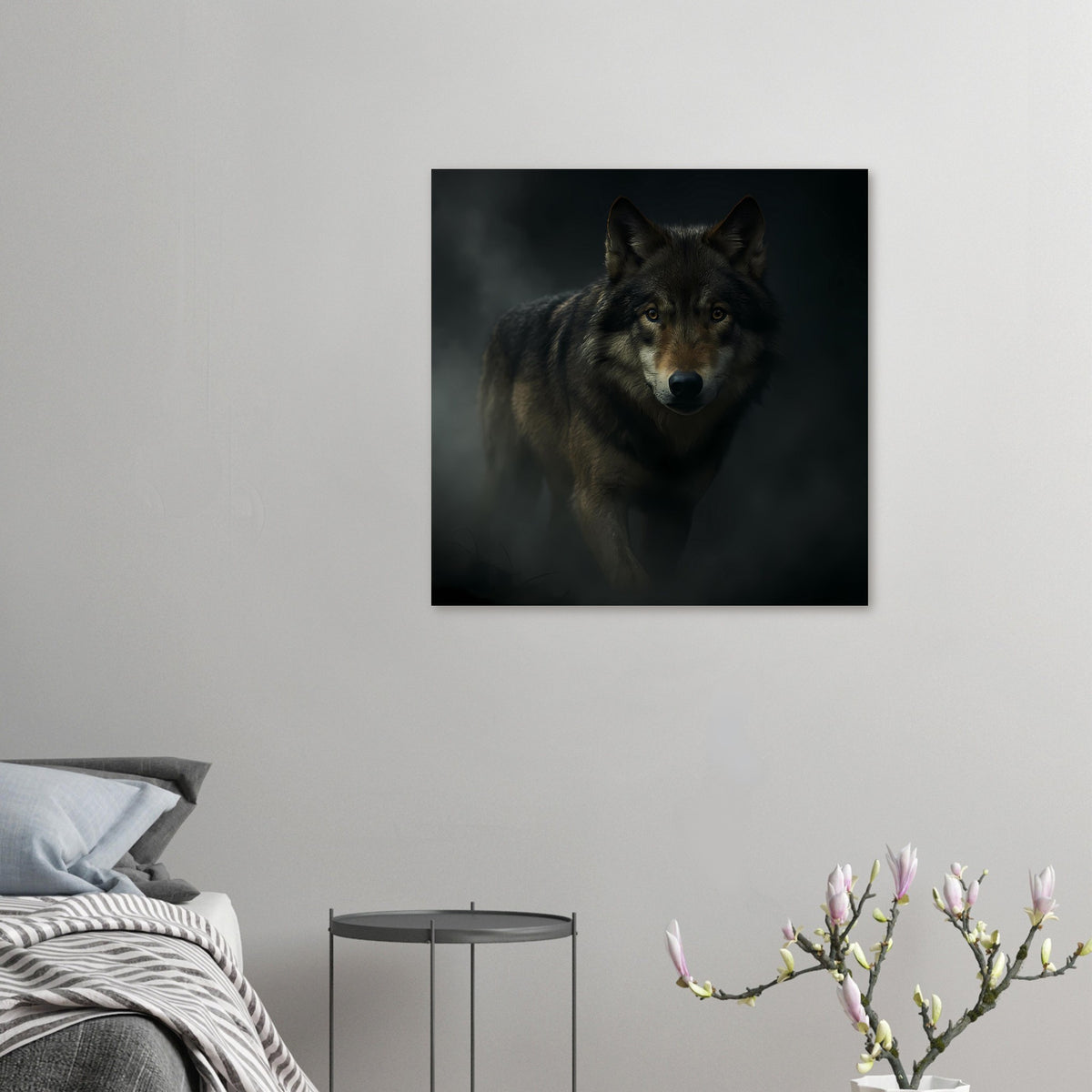 Kleines Wolfporträtposter, Blick nach vorn, grauschwarzes Fell, gelbliche Augen