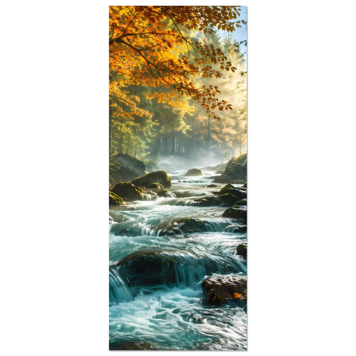 Hochformatiges Poster: Waldfluss zwischen Steinen, orange Blätter und goldenes Licht