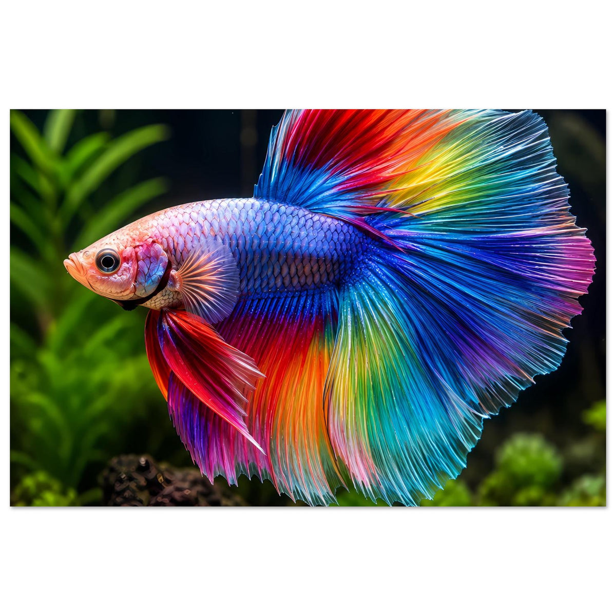 Poster mit regenbogenfarbenem Kampffisch: breite blau-rote Flossen und grün-gelbe Akzente