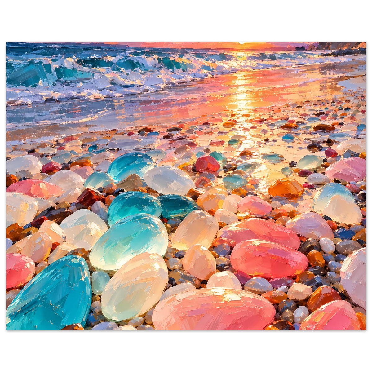 Wandposter im Querformat mit Strandmotiv: funkelnde Steine und warme Reflexe am Meer