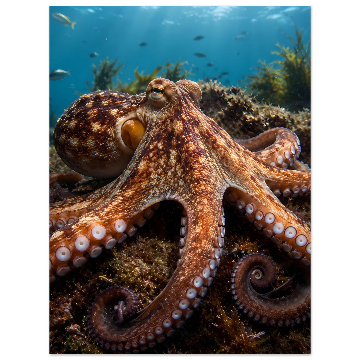Kunstdruck: Oktopus mit ausgebreiteten Tentakeln und weiß umrandeten Saugnäpfen
