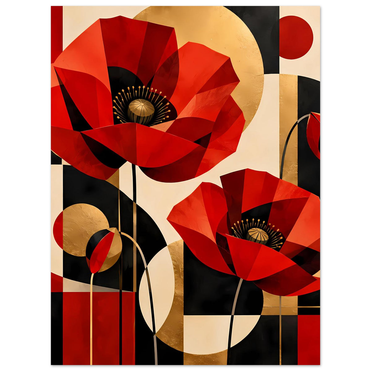 Kunstposter: abstrakte rote Mohnblumen mit goldfarbenen Flächen und dunklem Hintergrundmix