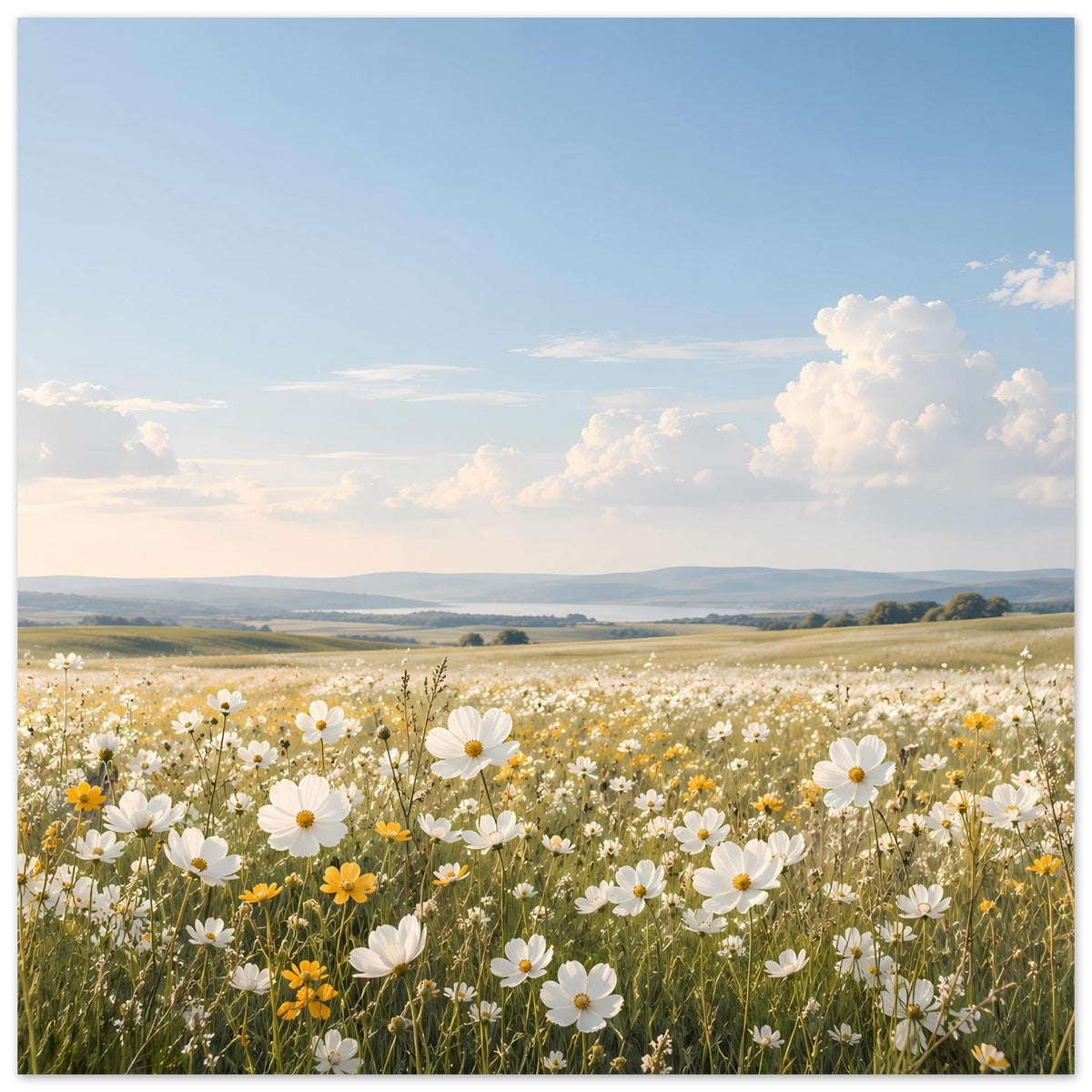 Horizontales Poster mit Wildblumenwiese und weißen Blumen, im Rahmen mit blauer Umrandung