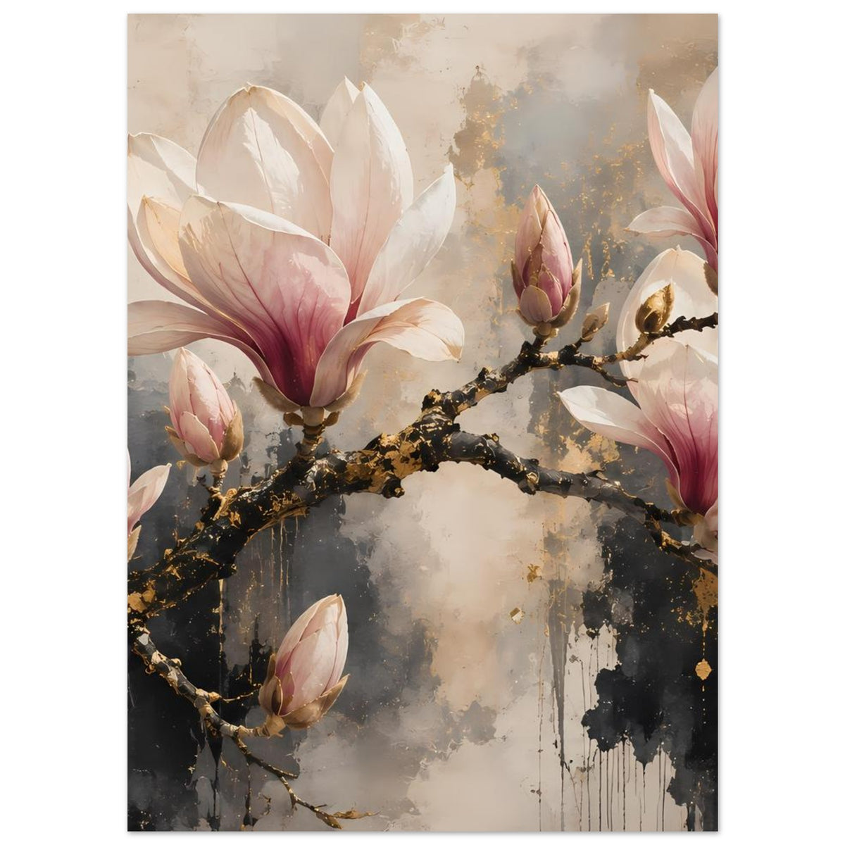 Magnolienblüten-Poster mit goldfarbenem Geäst, großen rosa-weißen Blüten und dunklem Spritzdekor.