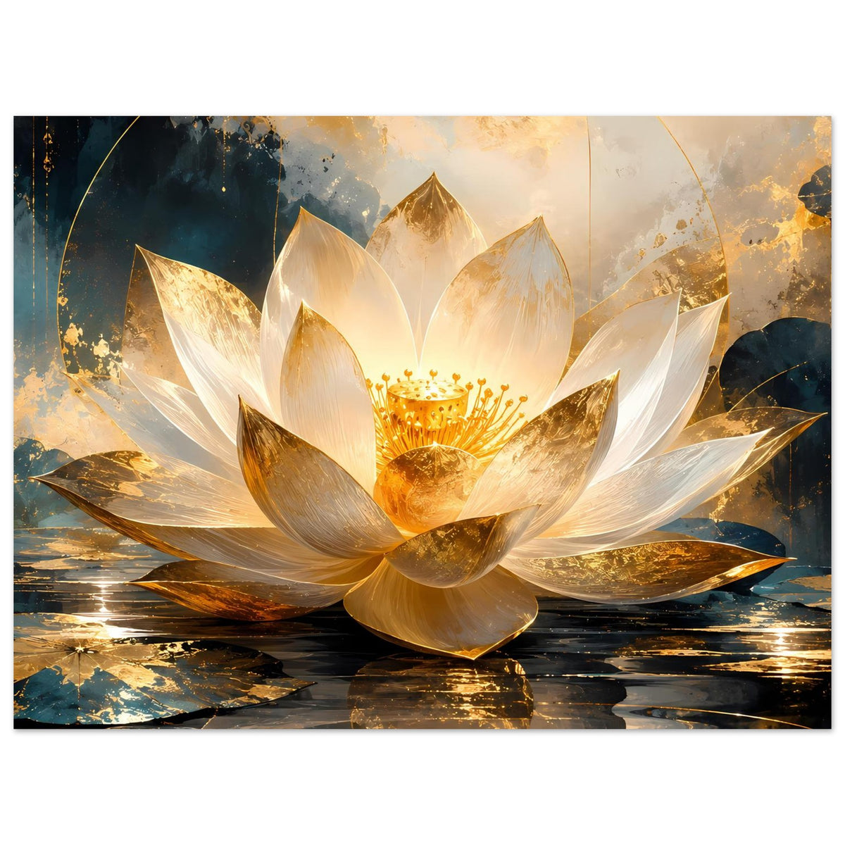 Kunstposter mit großer Lotusblüte, gold-weiße Blütenblätter auf spiegelndem Wasser