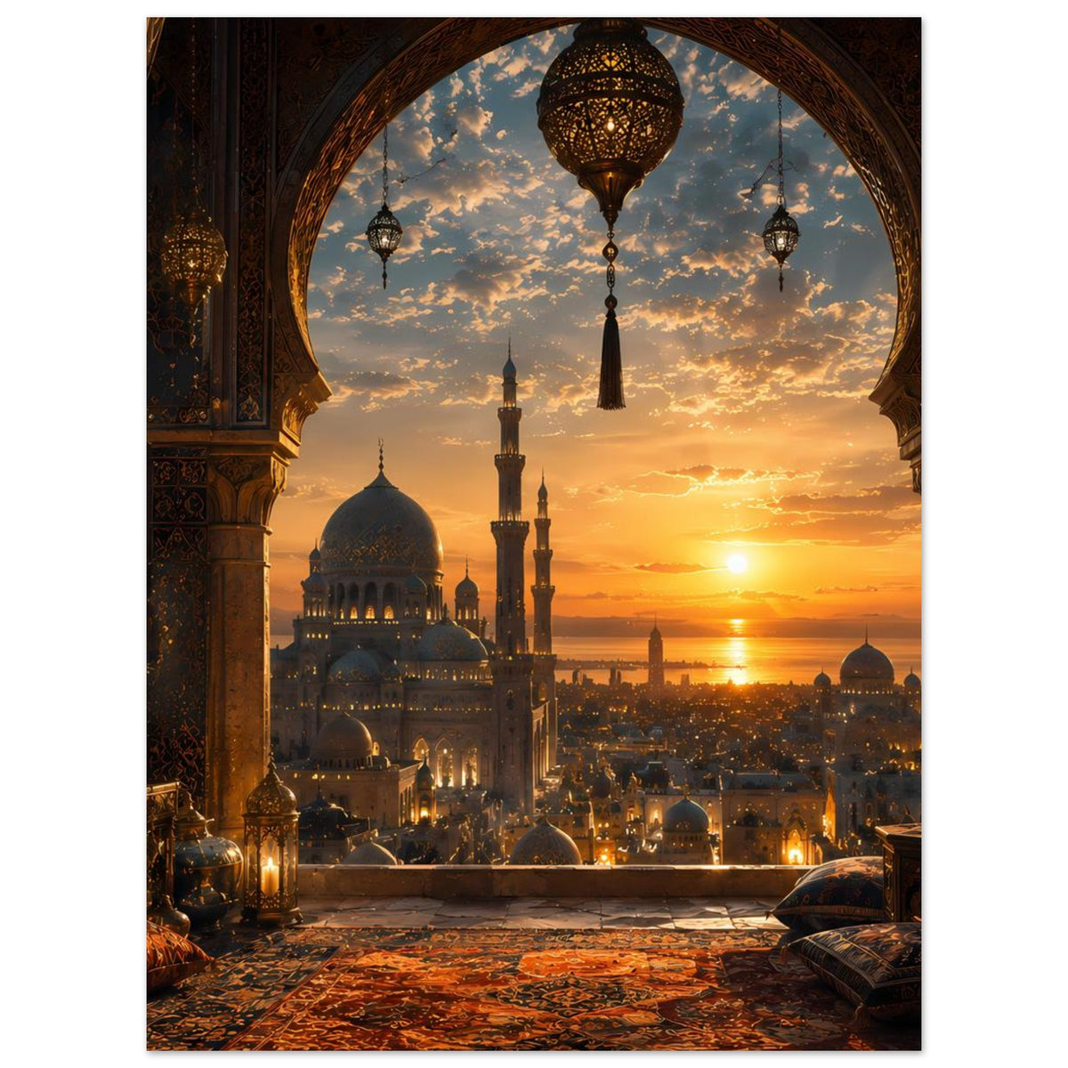 Poster mit Sonnenaufgang an der Moschee, Blick durch Rundbogen und goldene Kuppeln.