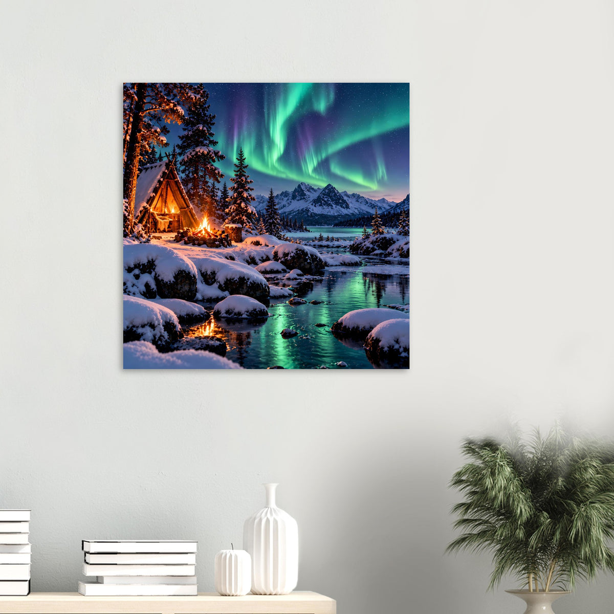 Kleines Winterlandschafts-Poster mit Nordlicht, Feuer am Schneeufer und bergiger Winterkulisse