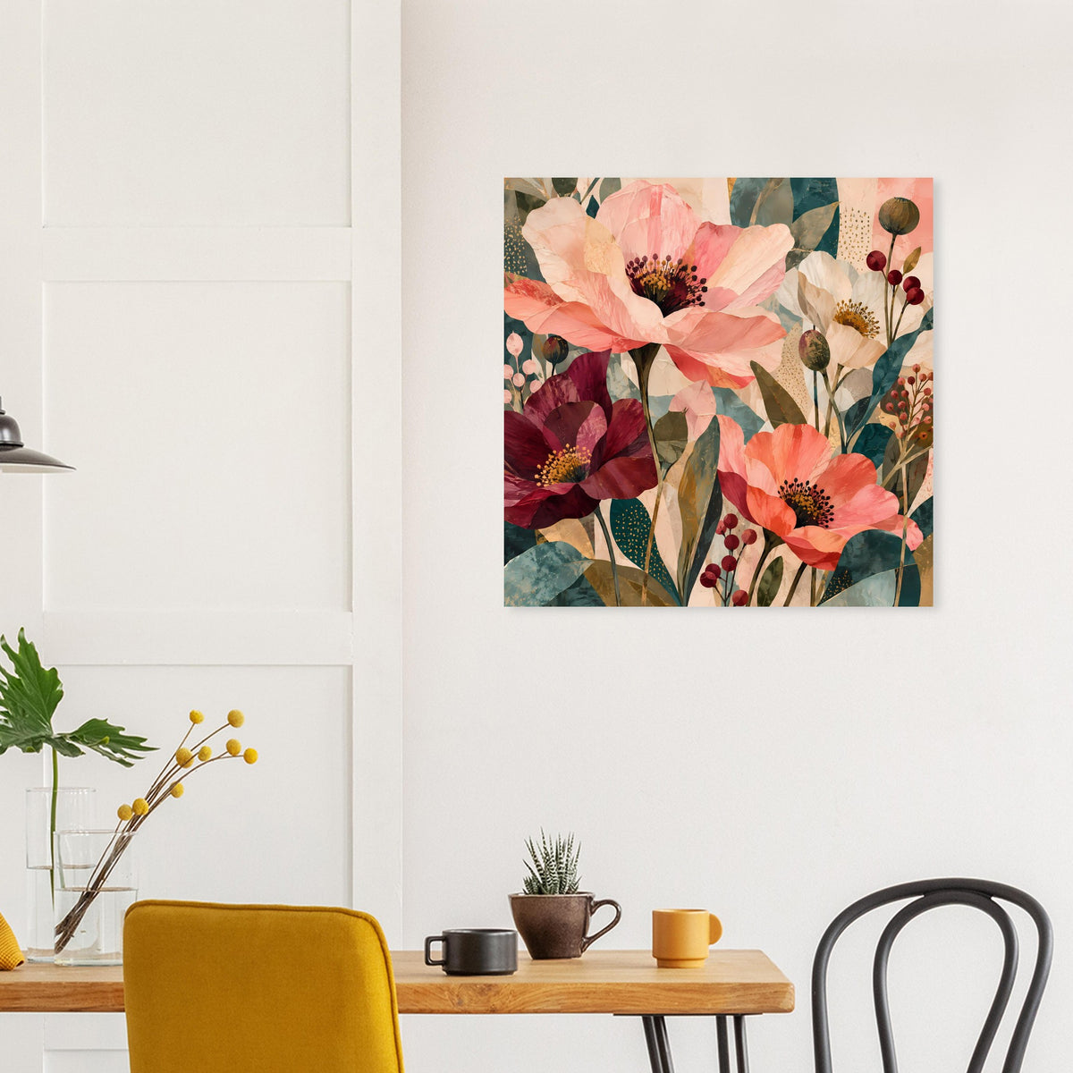 Blumenposter (Quadrat) mit Korall- und Burgunderfarben sowie Naturdetails