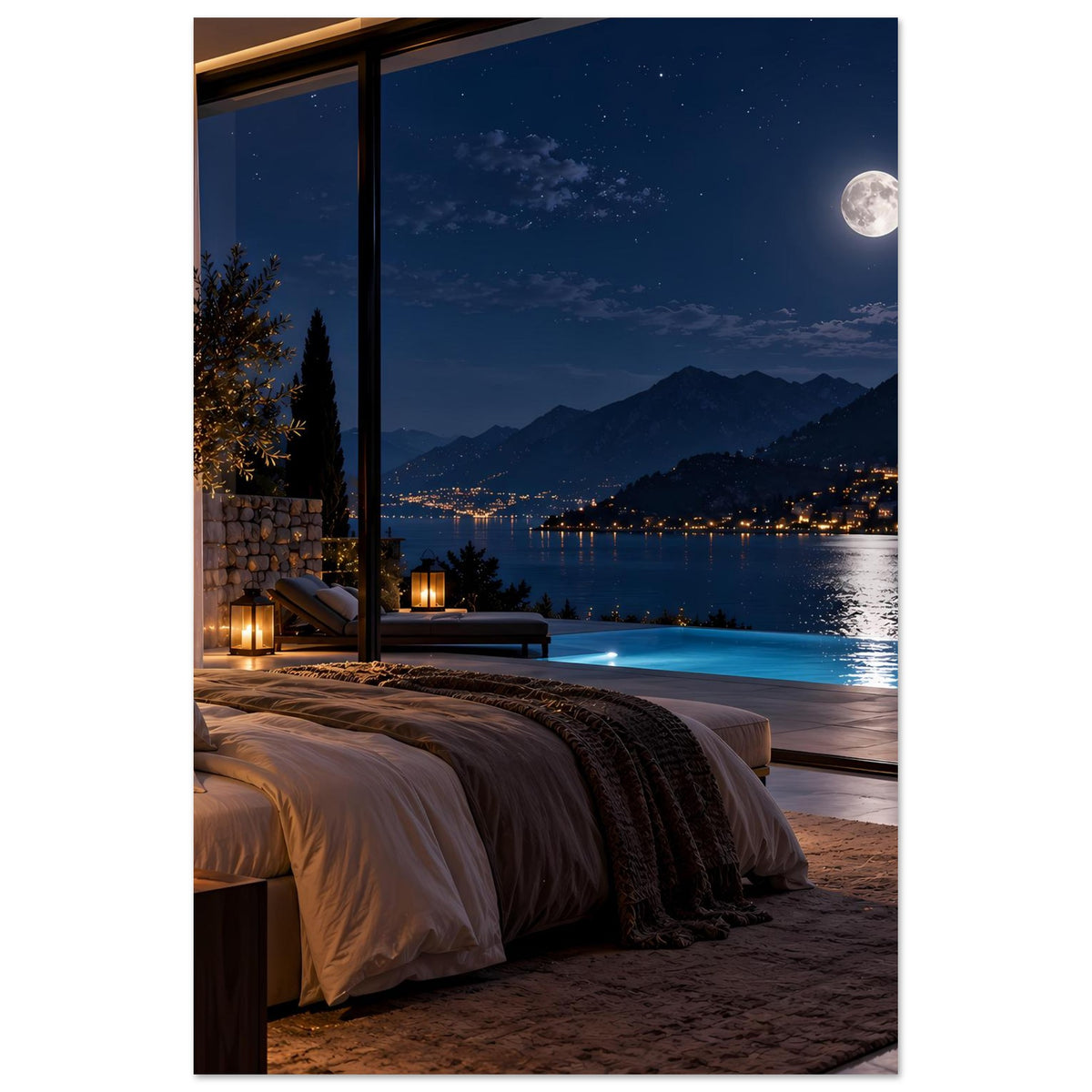 Poster zeigt Schlafzimmerblick bei Nacht: Bett, Terrasse, Mond und reflektierendes Wasser