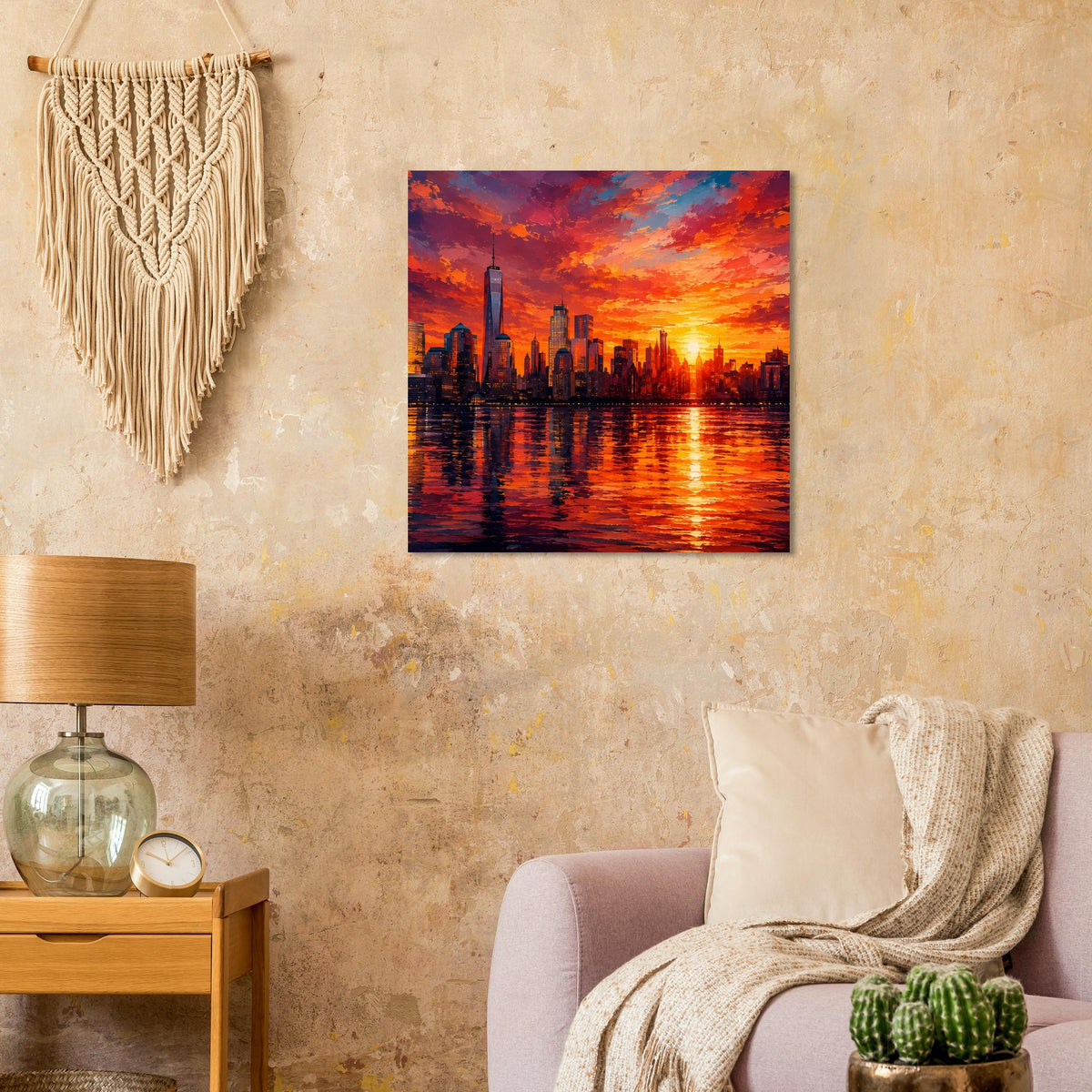 Quadratisches Poster mit New York Skyline und One World Trade Center im orange-roten Sonnenuntergang.