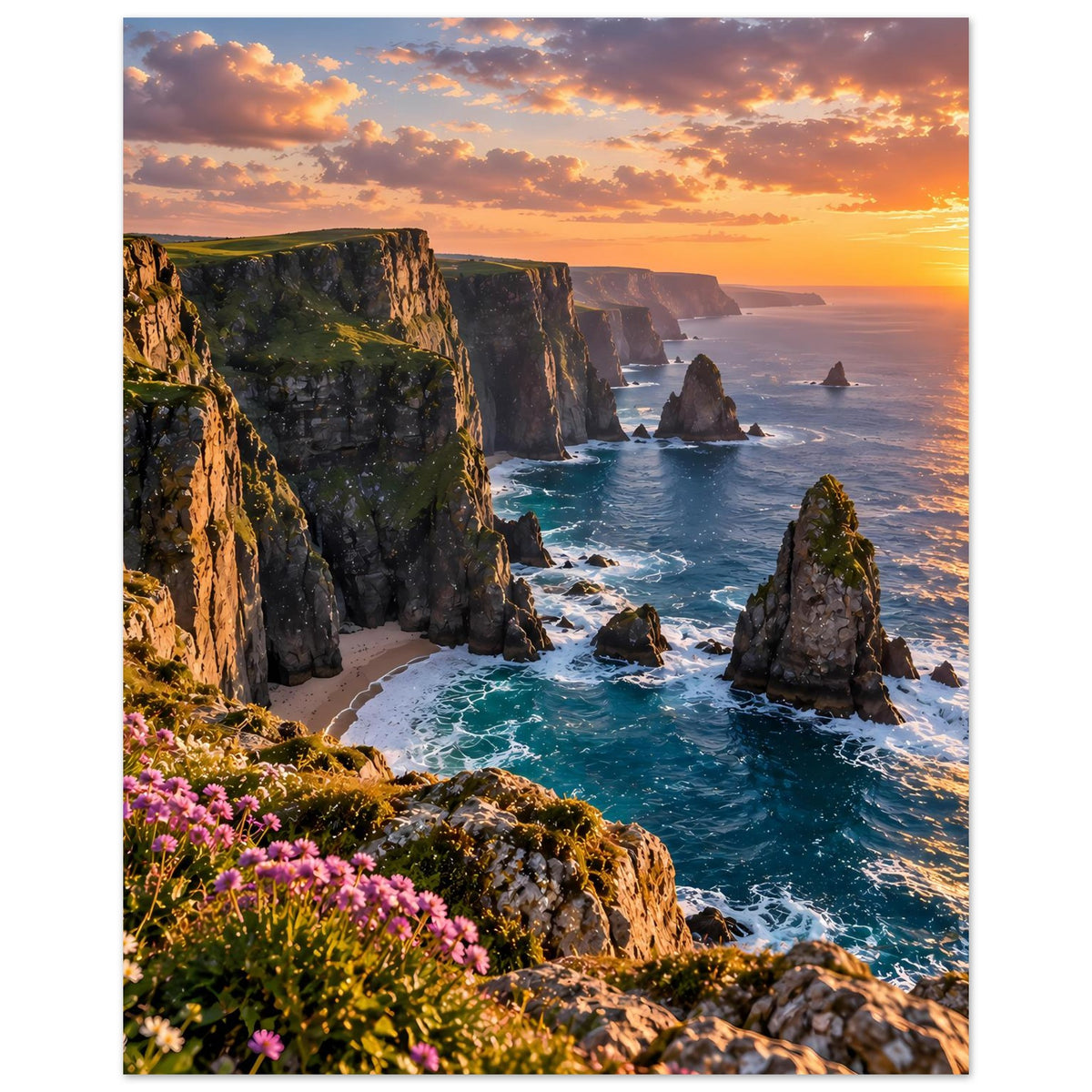 Poster mit Küstenklippen im Sonnenuntergang, Meerwasser und pinke Blüten vorn