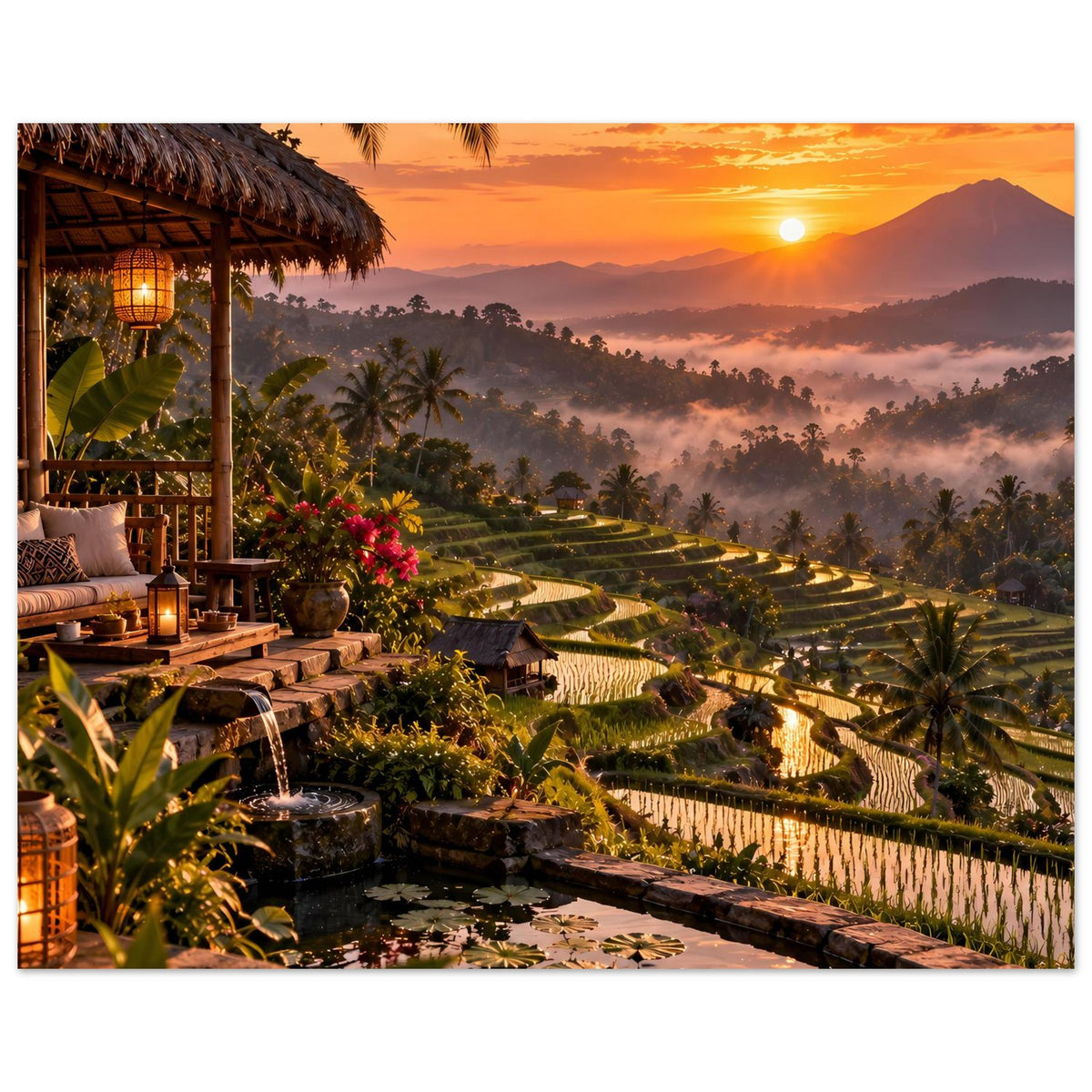 Poster mit Lodge-Vordergrund und Aussicht auf Terrassen, Palmenwald, Abendsonne