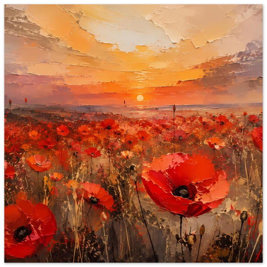 Poster mit rotem Mohnfeld, goldenem Sonnenuntergang und großen Blüten in warmen Farben