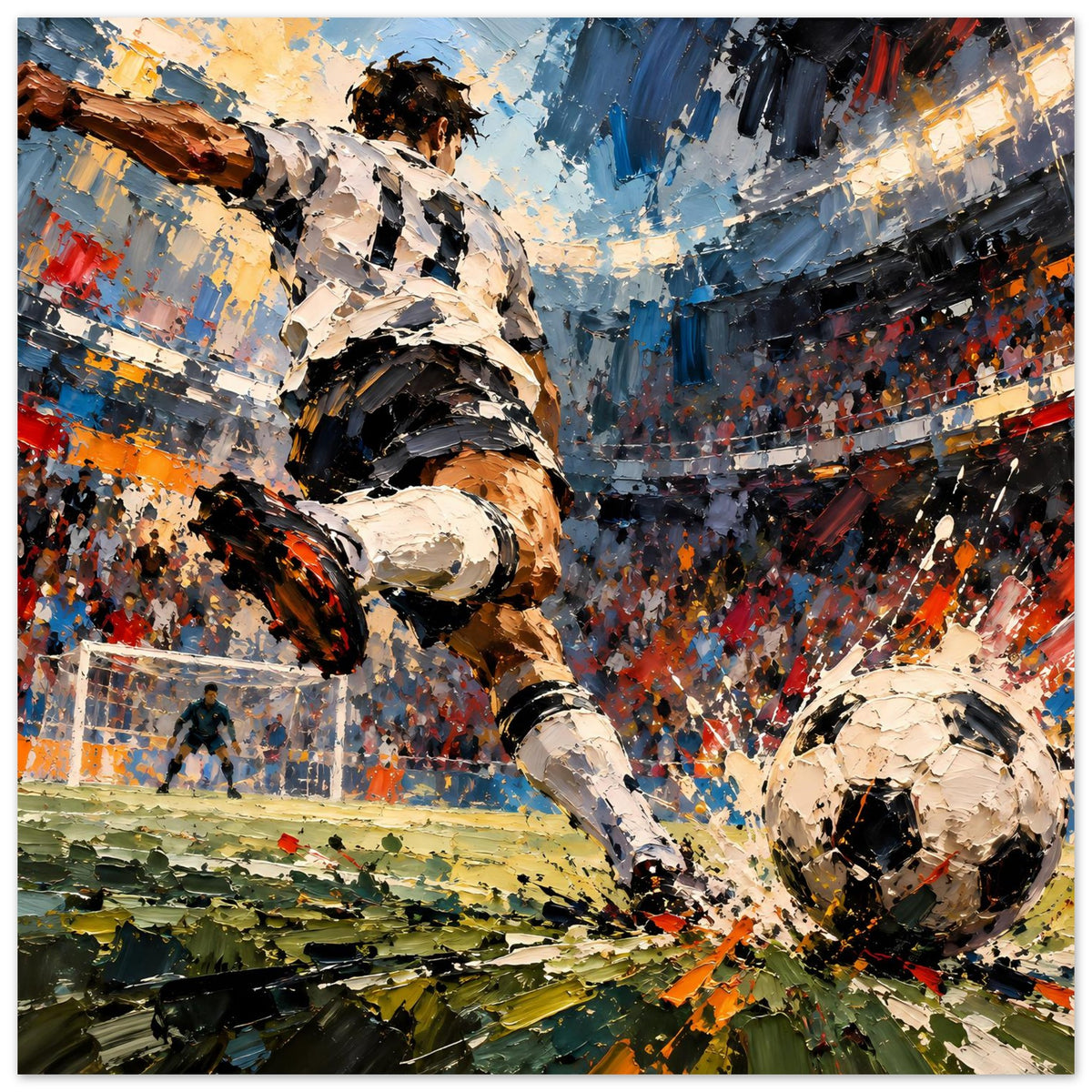 Fußball-Actionposter: Stürmer-Schuss mit Ball rechts unten, Blau, Orange, Schwarz
