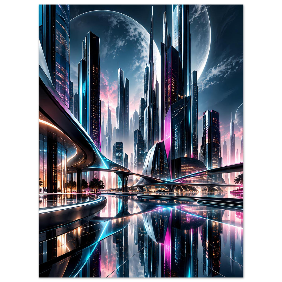 Poster mit futuristischer Stadtansicht, gebogenen Brücken und mondbeschienenem Himmel