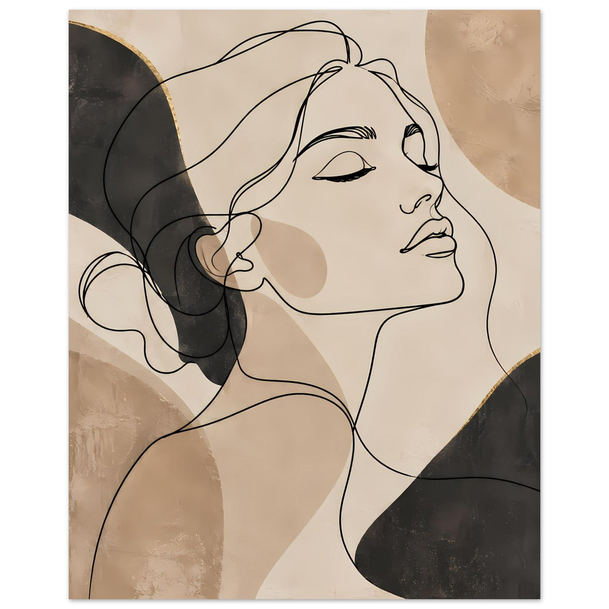 Kunstposter mit Linienporträt einer Frau, beige Flächen, schwarze Linien und dunkle Kurven
