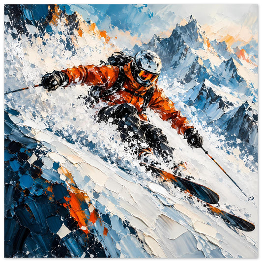 Wintersport-Poster: orange Skifahrer in Abfahrt, blaue Berge und Schnee-Spritzer