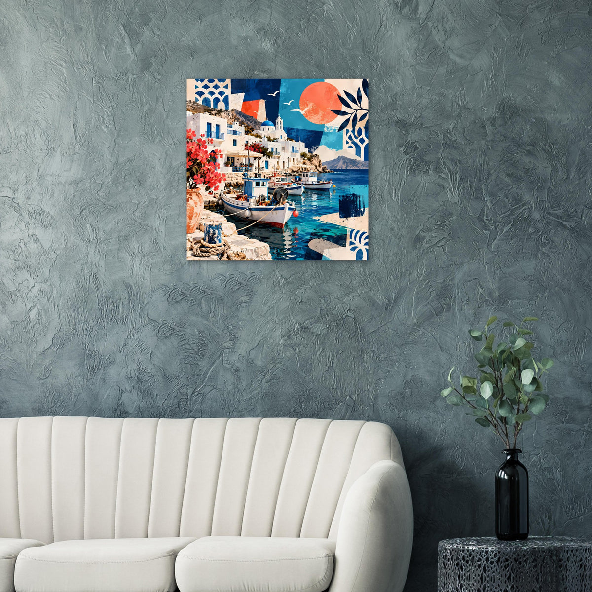 Hafenmotiv-Poster mit Booten im Wasser, weißen Gebäuden und orangefarbener Sonne