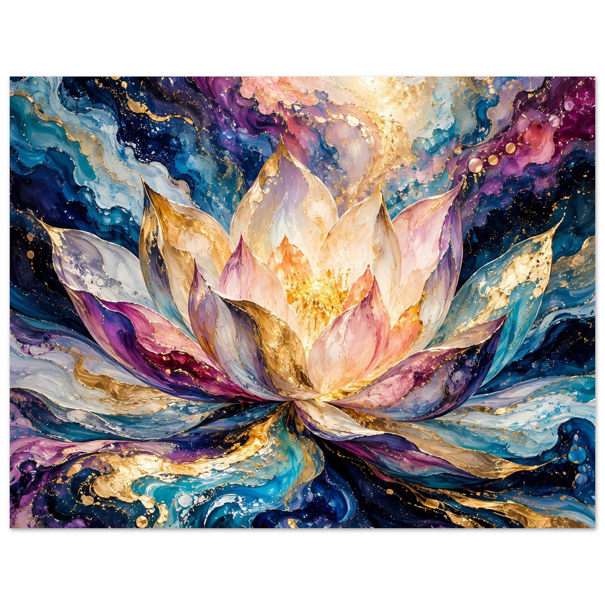 Breites Blumenposter, Lotusblüte mittig, blau-violette Wirbel und goldener Glanz