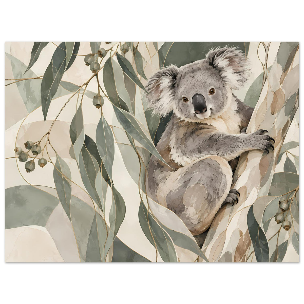 Koala-Tierposter im Querformat mit aufgestütztem Koala und Blättern in Erdtönen