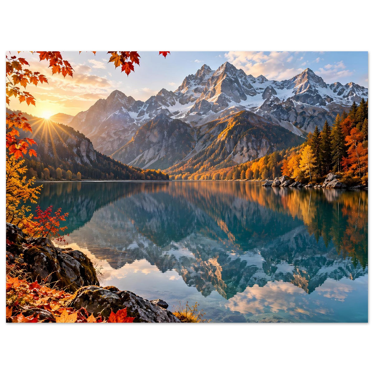 Horizontales Landschaftsposter mit Alpengebirge, See und Herbstblättern im Vordergrund