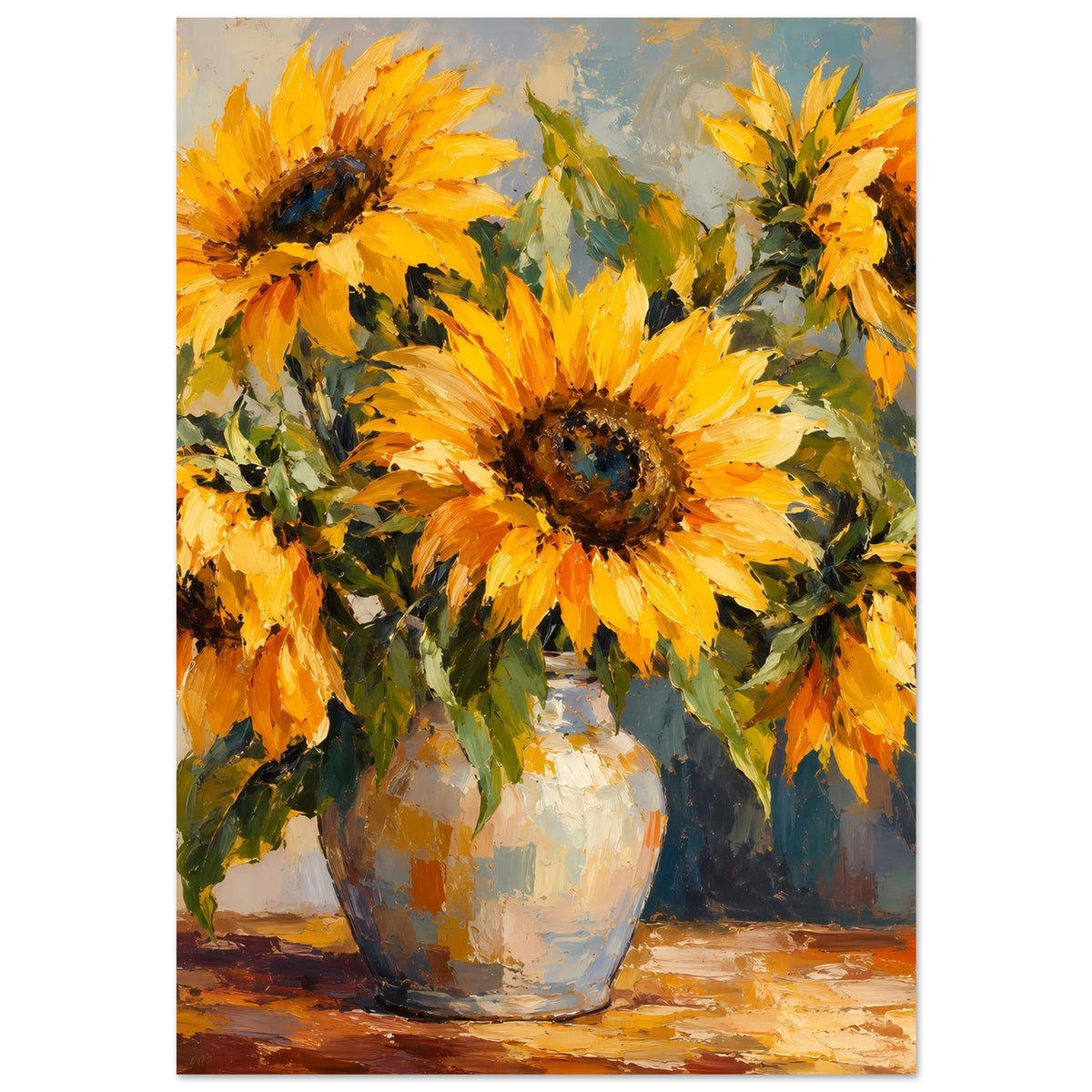 Sonnenblumen-Stillleben-Poster: große gelbe Blüten in heller Vase, lebendige Pinselstruktur.