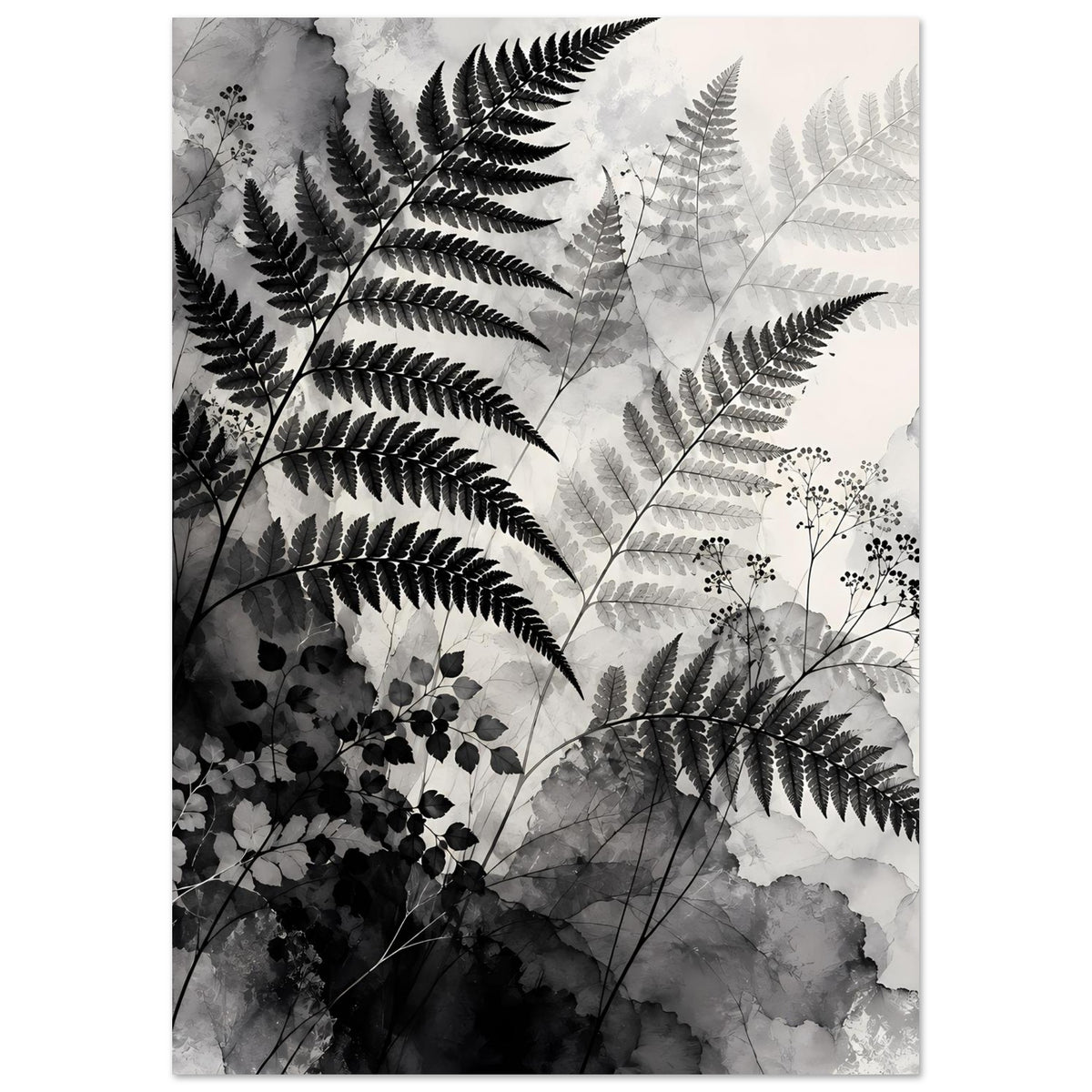 Hochformatiges botanisches Poster mit detaillierten Farnblättern in Schwarz-Weiß