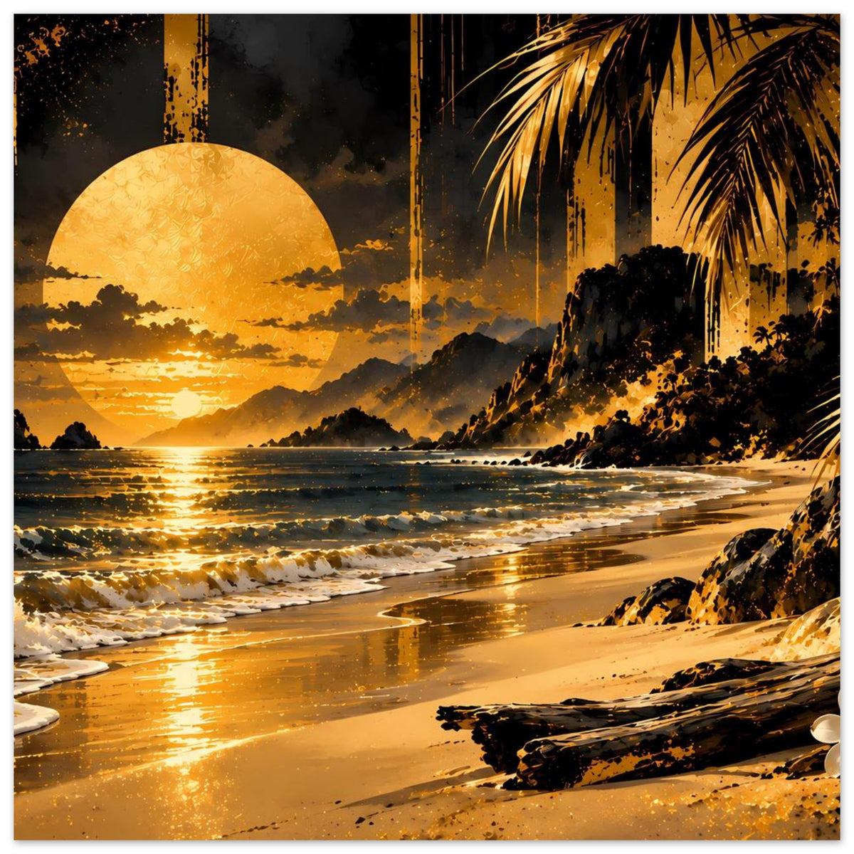Vertikales Poster mit goldenem Beach-Motiv, Wellen, Sand und Palmen
