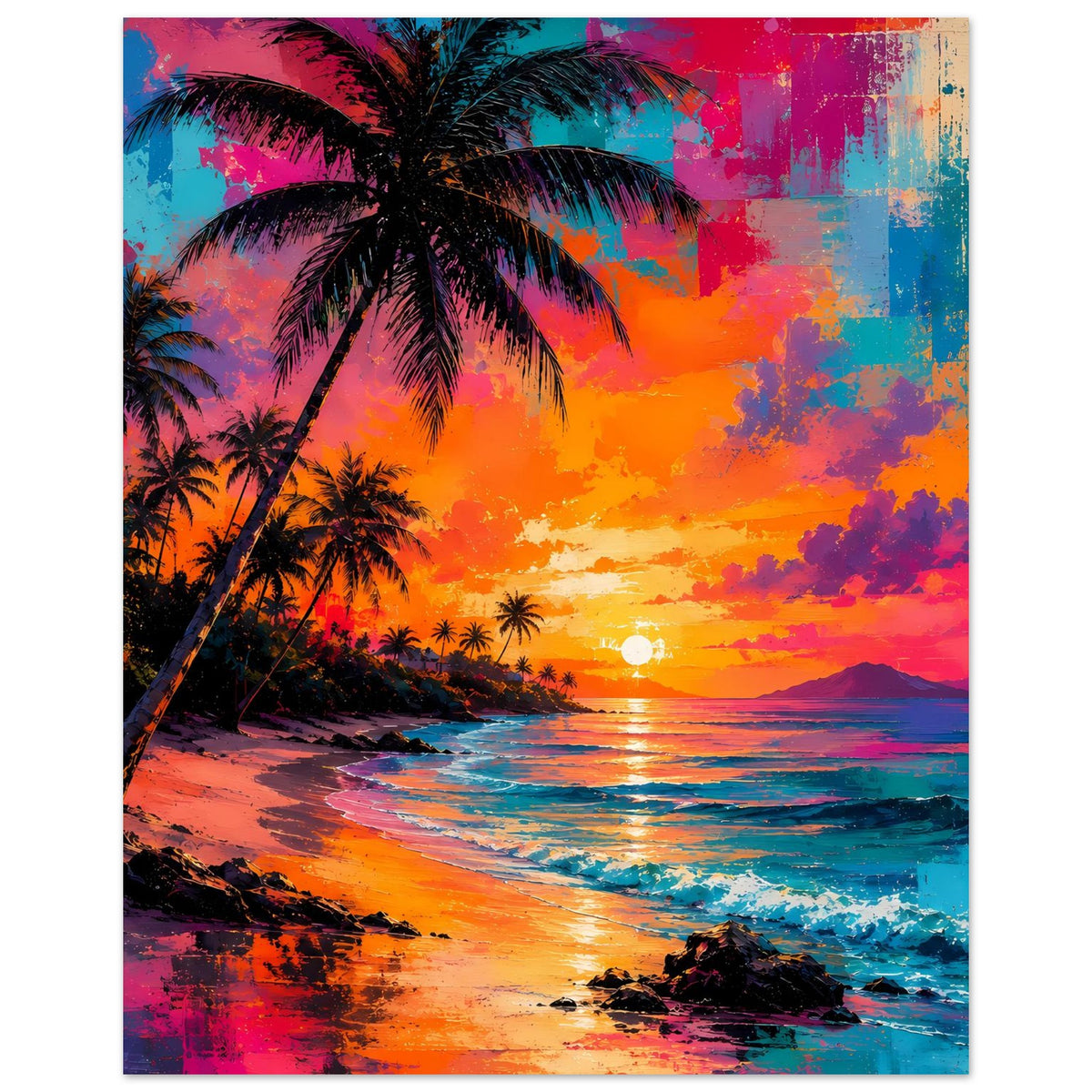 Abstraktes Poster mit Palmen und Sonnenuntergang, leuchtende Farbflächen über dem Meer