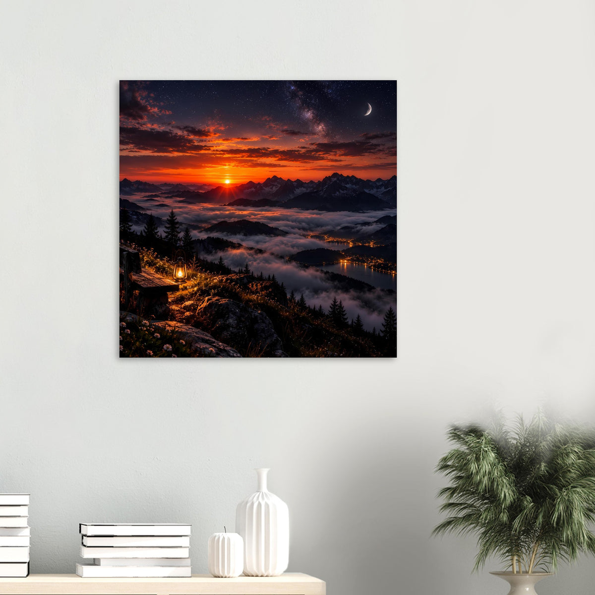 Landschaftsposter (klein): Sonnenuntergang, Berge, Nebel über dem Tal, Mond am Himmel