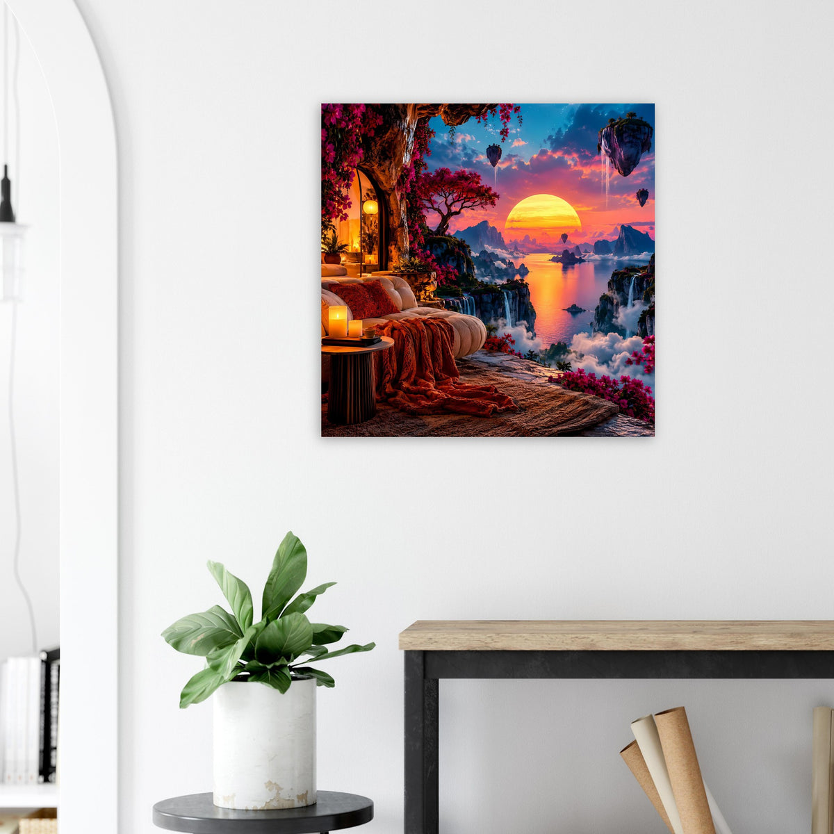Wandposter mit Traumlandschaft: Sonnenuntergang über Nebel und Blumen, quadratisch gerahmt