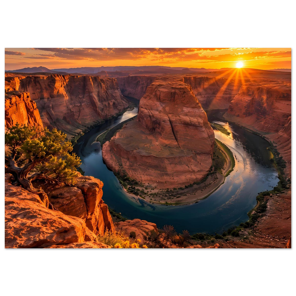 Poster im Querformat mit warmem Sonnenuntergang über Canyon und Flusswindung