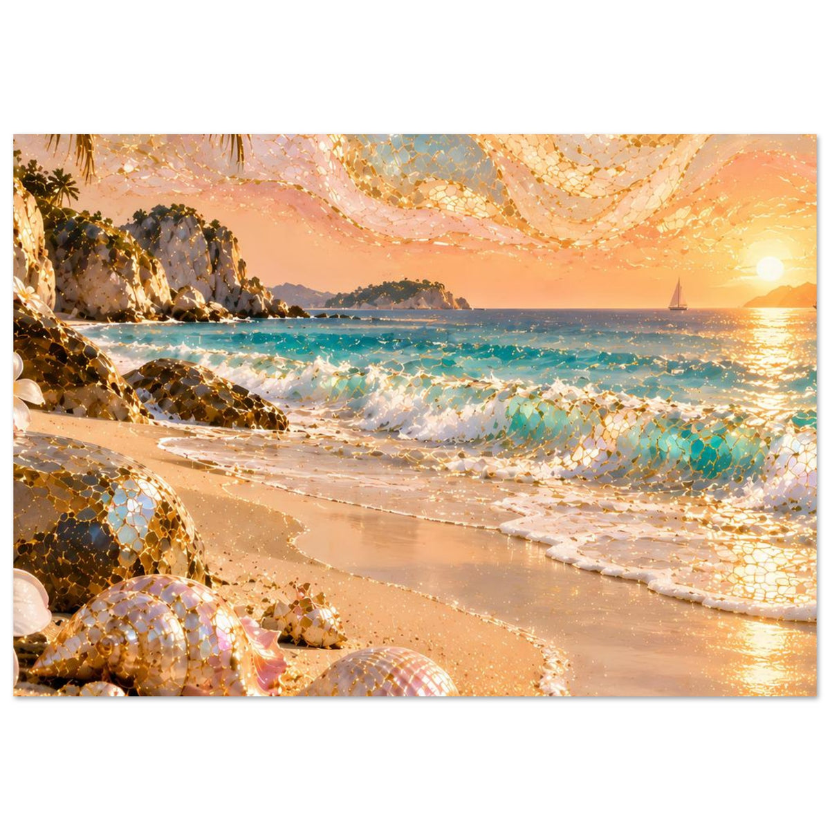 Strandposter im Querformat: Muscheln am Sand, schimmernde Wellen und warme Sonnenuntergangsfarben