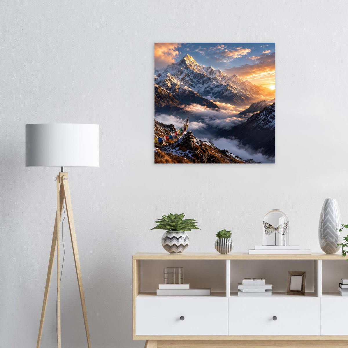 Gerahmtes Wandposter mit Alpenpanorama und Sonnenaufgang in den Bergen